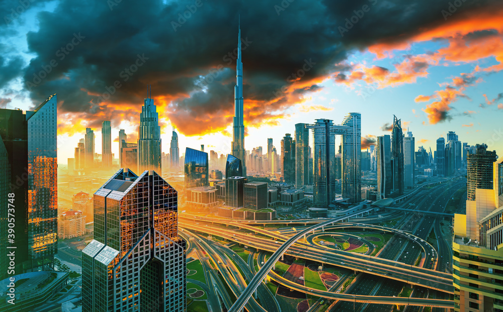 Amazing panoramatic view on Dubai city center skyline, United Arab Emirates