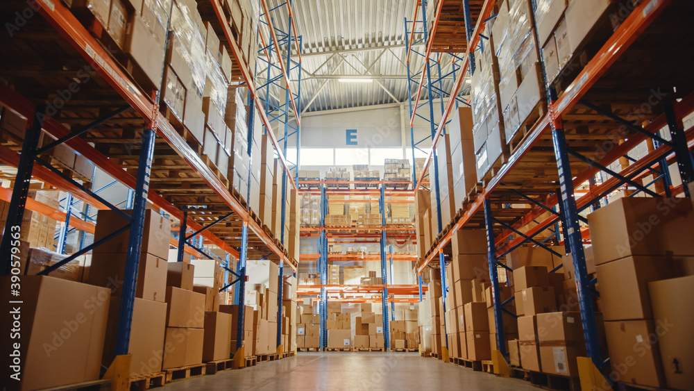 Big Retail Warehouse full of Shelves with Goods in Cardboard Boxes and Packages. Logistics, Sorting 