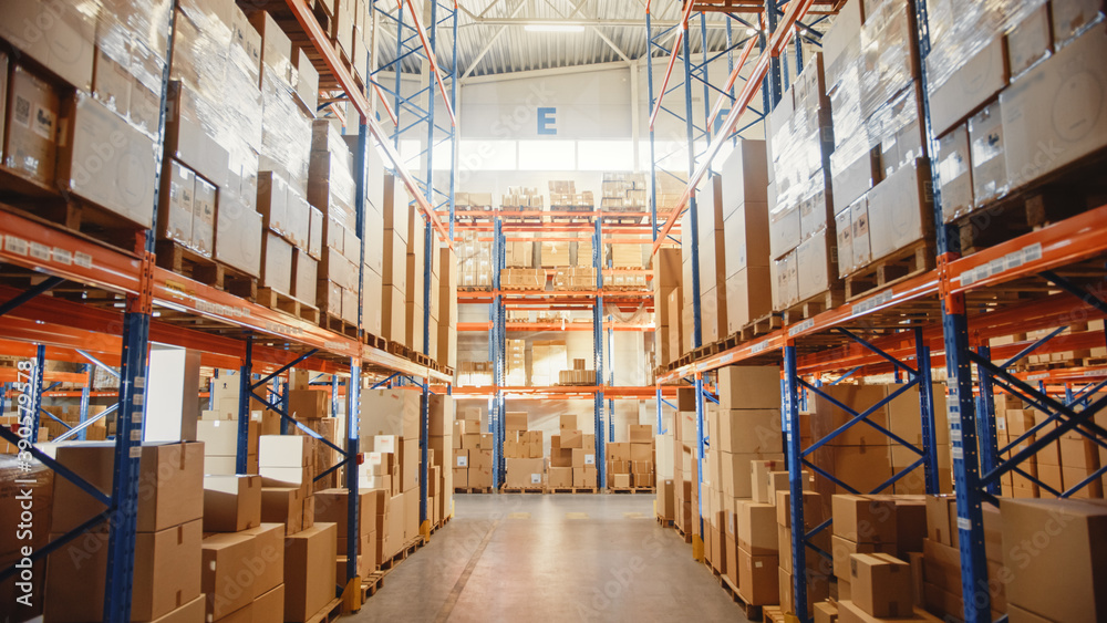 Retail Warehouse full of Shelves with Goods in Cardboard Boxes and Packages. Logistics, Sorting and 