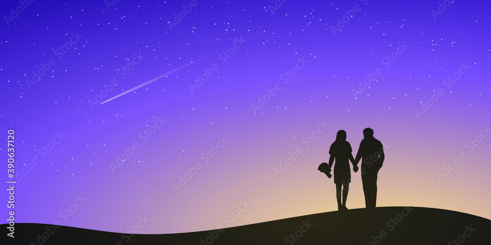 The silhouette of a couple in the night with many stars in the sky. Happy Valentines Day Concept. V