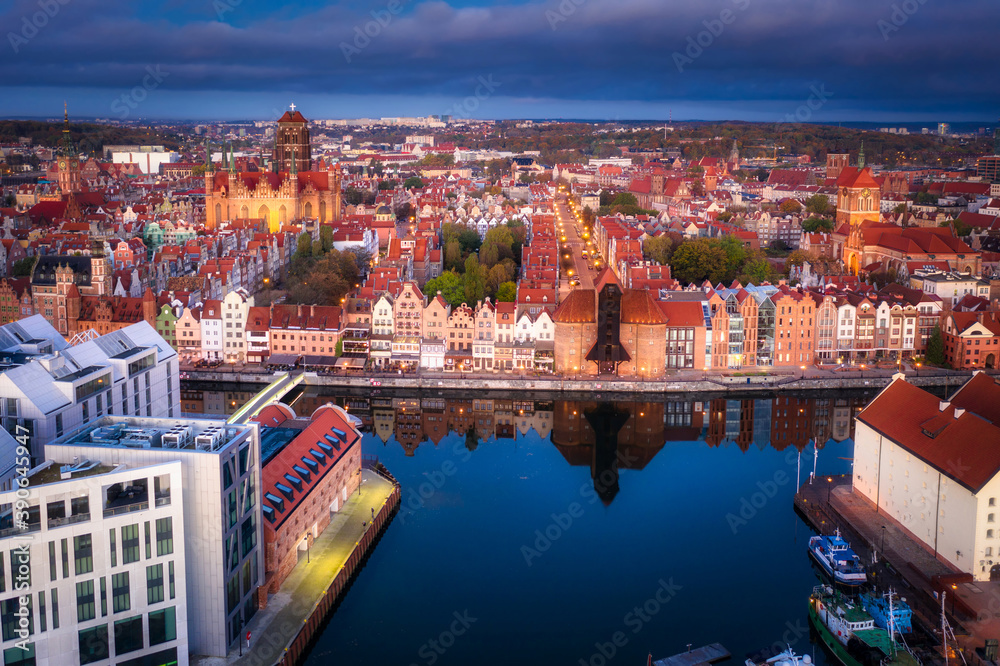 Aerial view of the old town of Gdansk at dawn, Poland