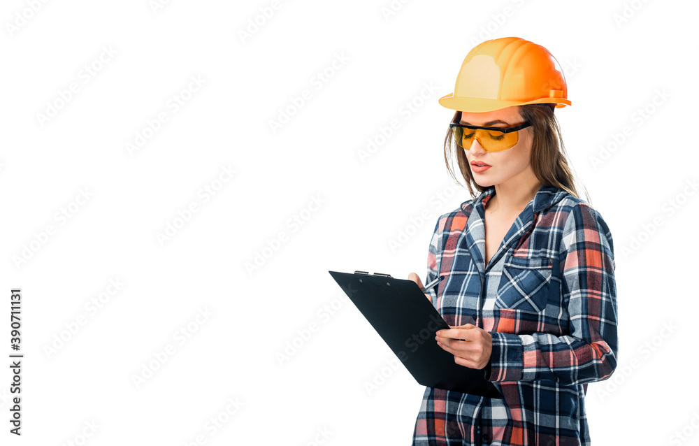 Serious attractive architect woman with hard hat. Isolated on white background. Wearing protective g