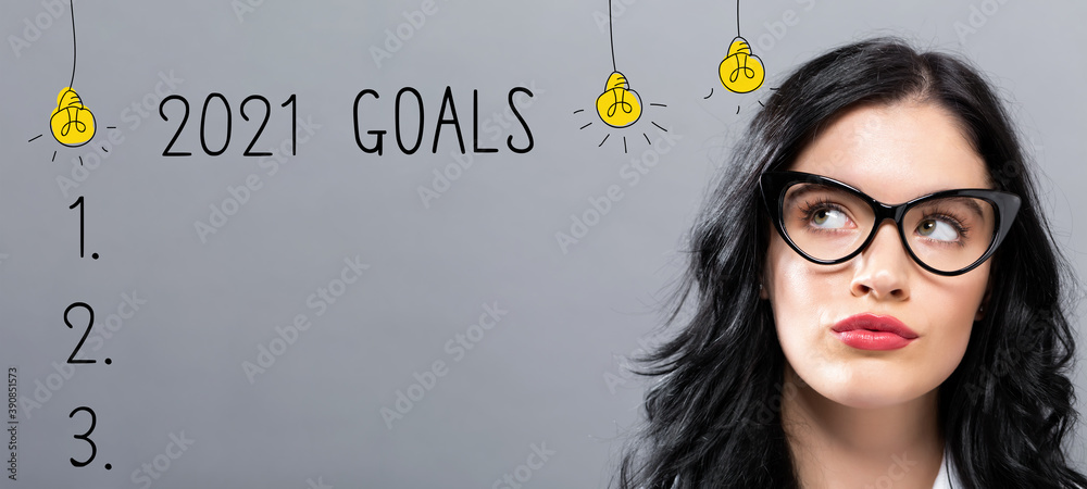 2021 goals with young businesswoman in a thoughtful face