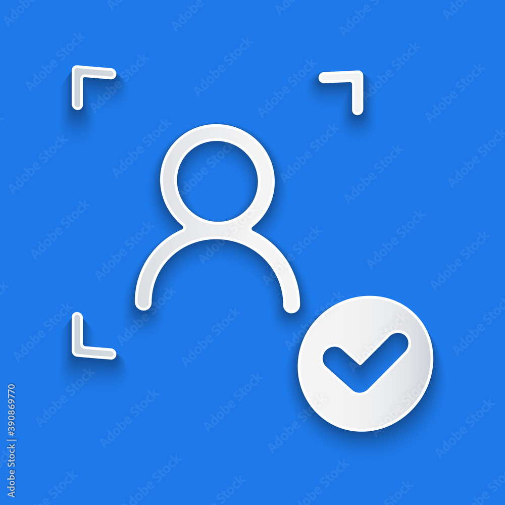 Paper cut Face recognition with check mark icon isolated on blue background. Face identification sca