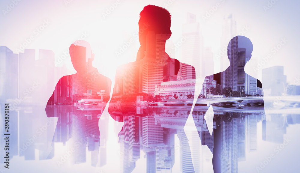 Abstract image of many business people together in group on background of city view with office buil