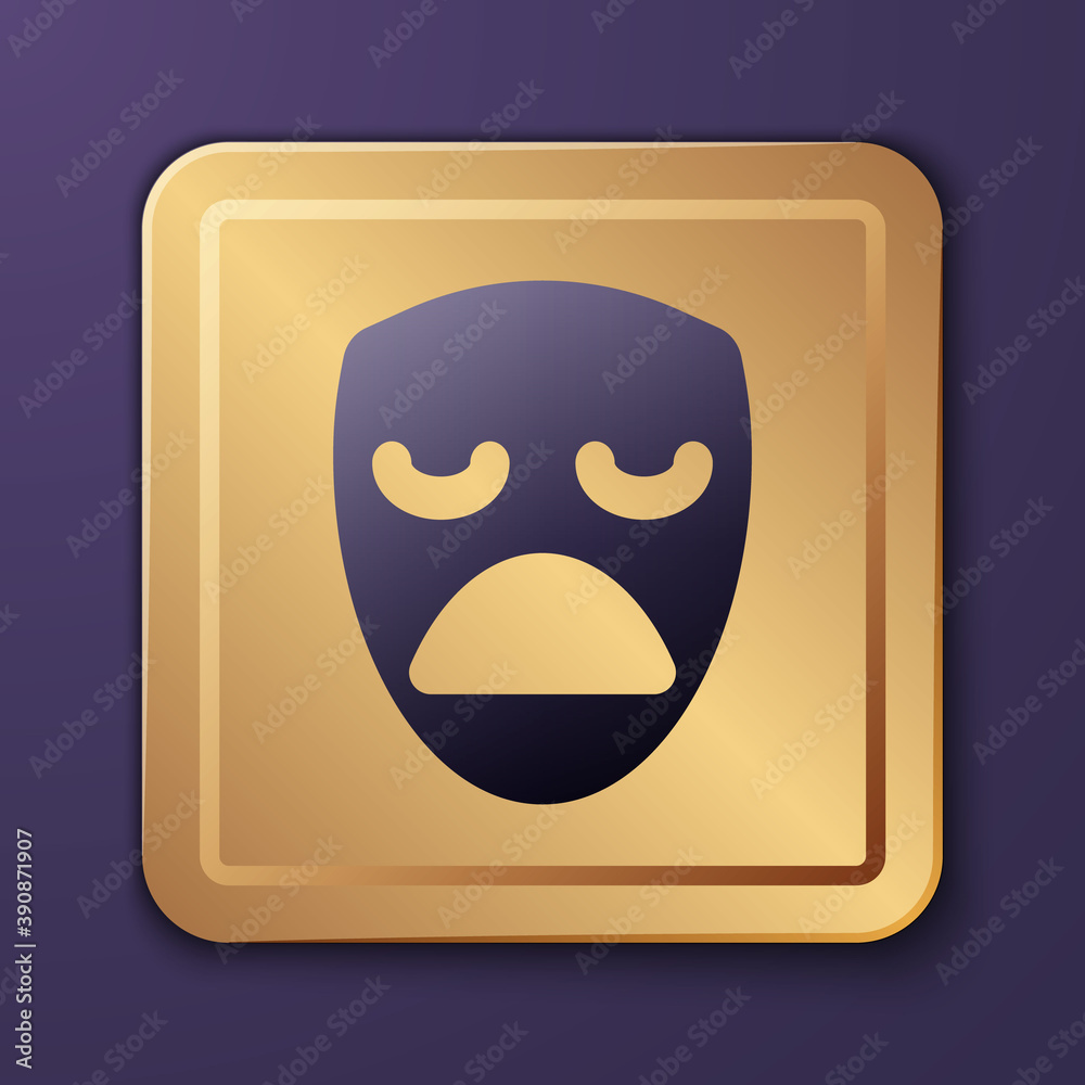 Purple Drama theatrical mask icon isolated on purple background. Gold square button. Vector.