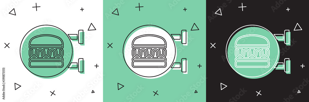 将在线订购和汉堡配送图标设置为白色、绿色、黑色背景。矢量。
