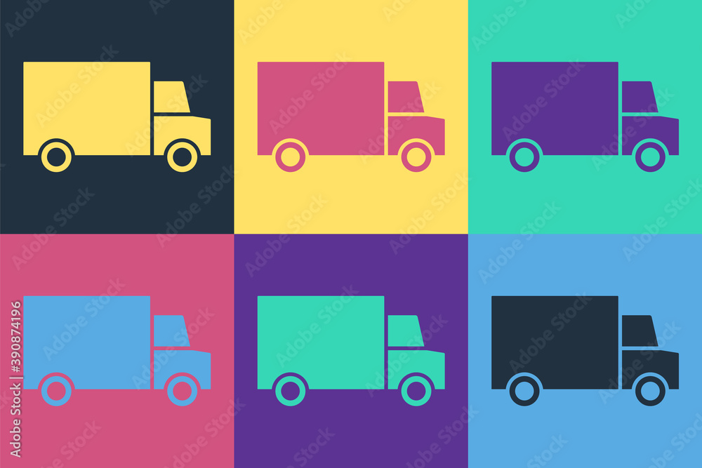 Pop art Fast round the clock delivery by car icon isolated on color background. Vector.