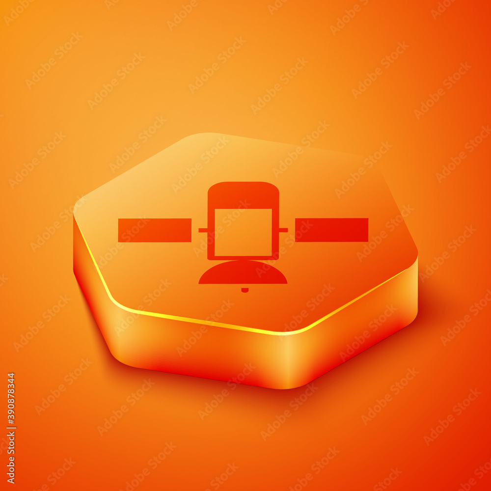 Isometric Satellite icon isolated on orange background. Orange hexagon button. Vector.