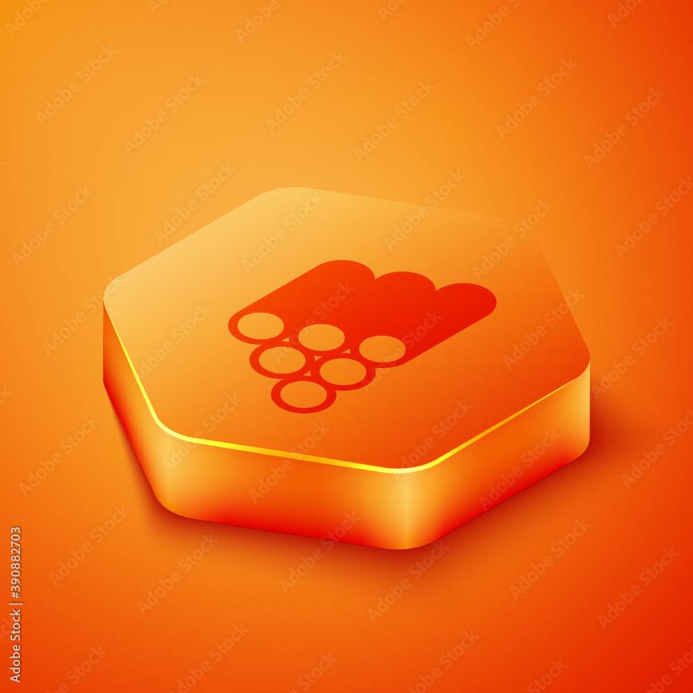 Isometric Wooden logs icon isolated on orange background. Stack of firewood. Orange hexagon button. 