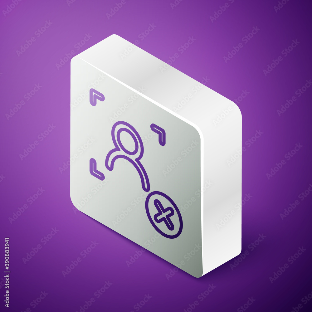 Isometric line Rejection face recognition icon isolated on purple background. Face identification sc