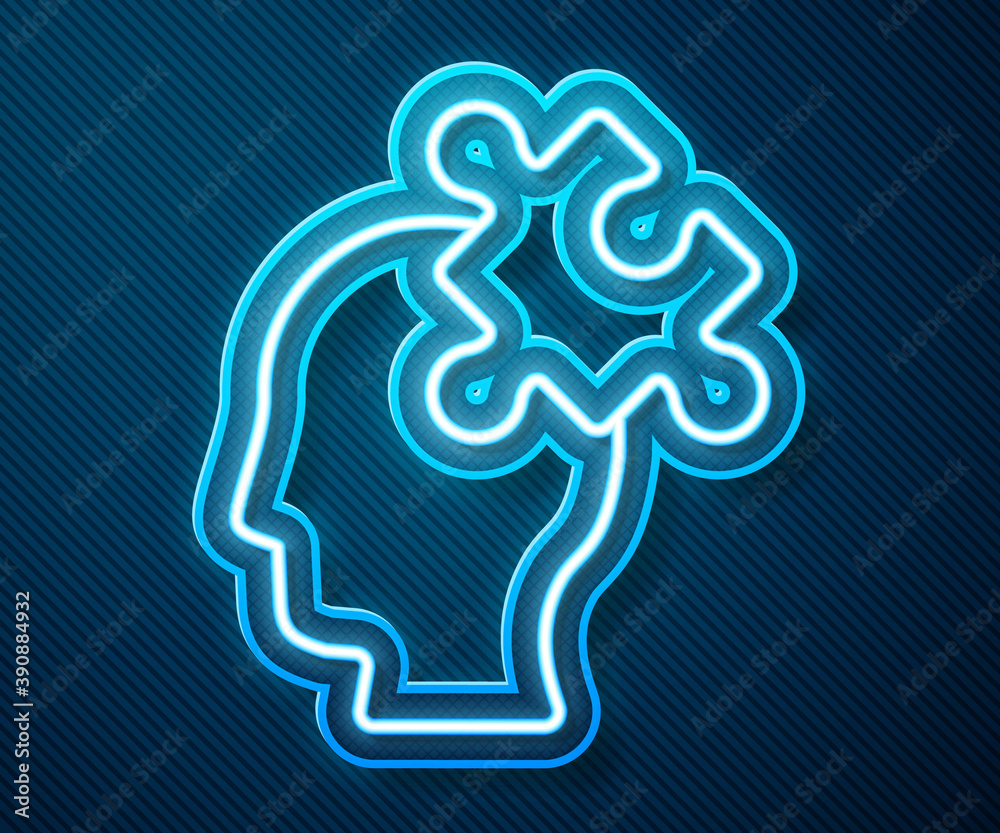 Glowing neon line Solution to the problem in psychology icon isolated on blue background. Puzzle. Th