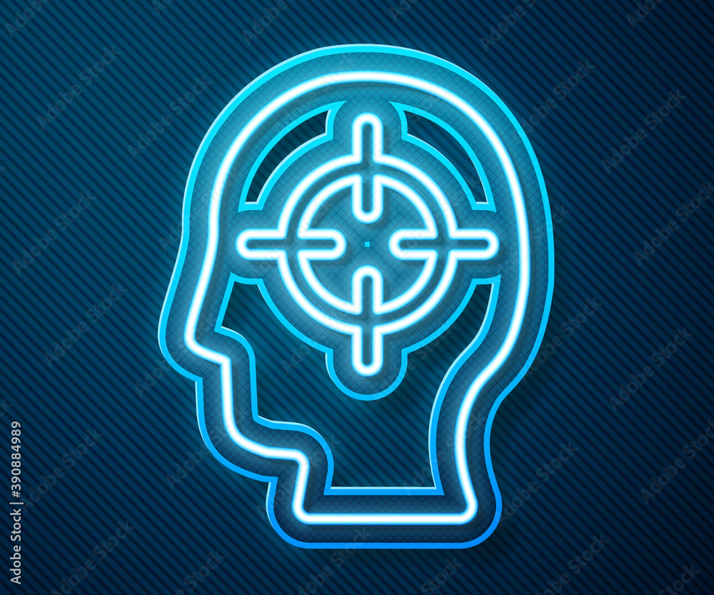 Glowing neon line Finding a problem in psychology icon isolated on blue background. Vector.