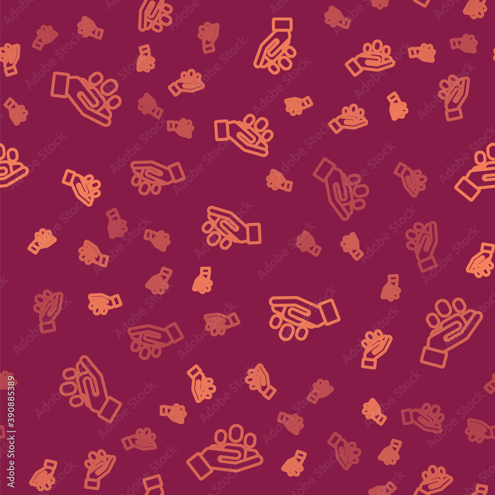 Brown line Hand for search a people icon isolated seamless pattern on red background. Recruitment or