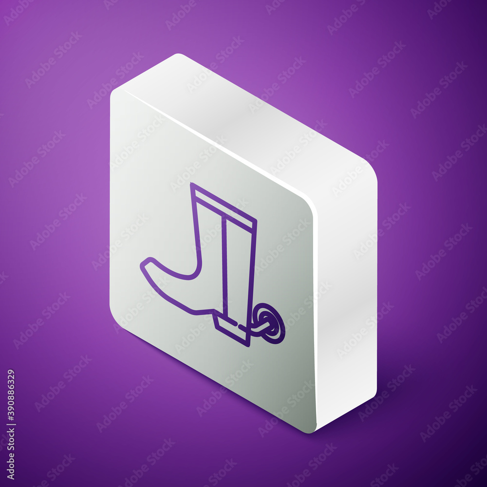 Isometric line Cowboy boot icon isolated on purple background. Silver square button. Vector.