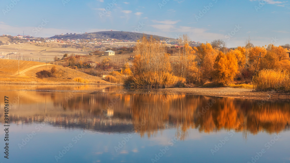 Lake in a village in one of the regions of Azerbaijan in autumn