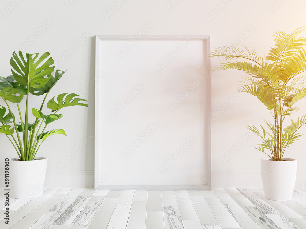 White frame leaning on floor in interior mockup. Template of a picture framed on a wall 3D rendering