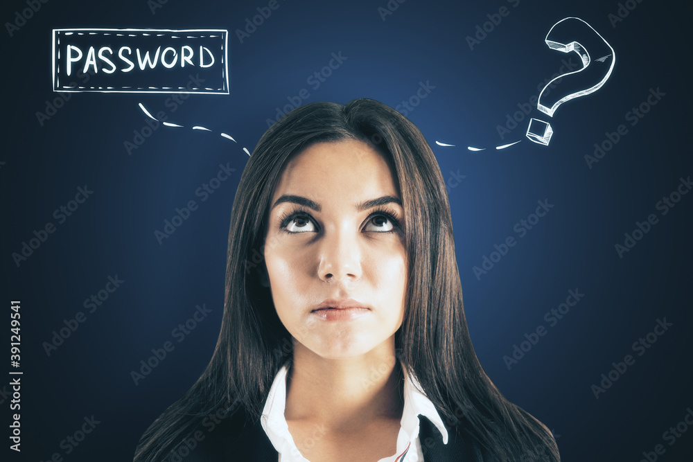 Businesswoman with drawing question mark and password text.