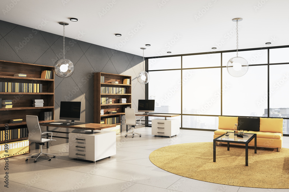 Clean living room with shelf with books and yellow sofa.