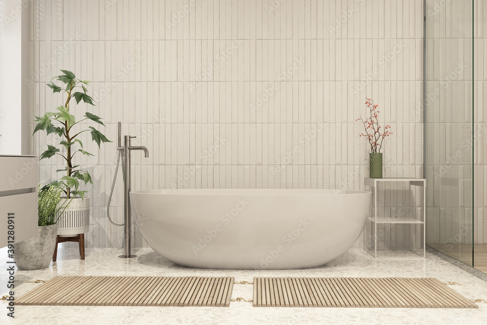 Modern bathroom interior with wooden decor in eco style	
