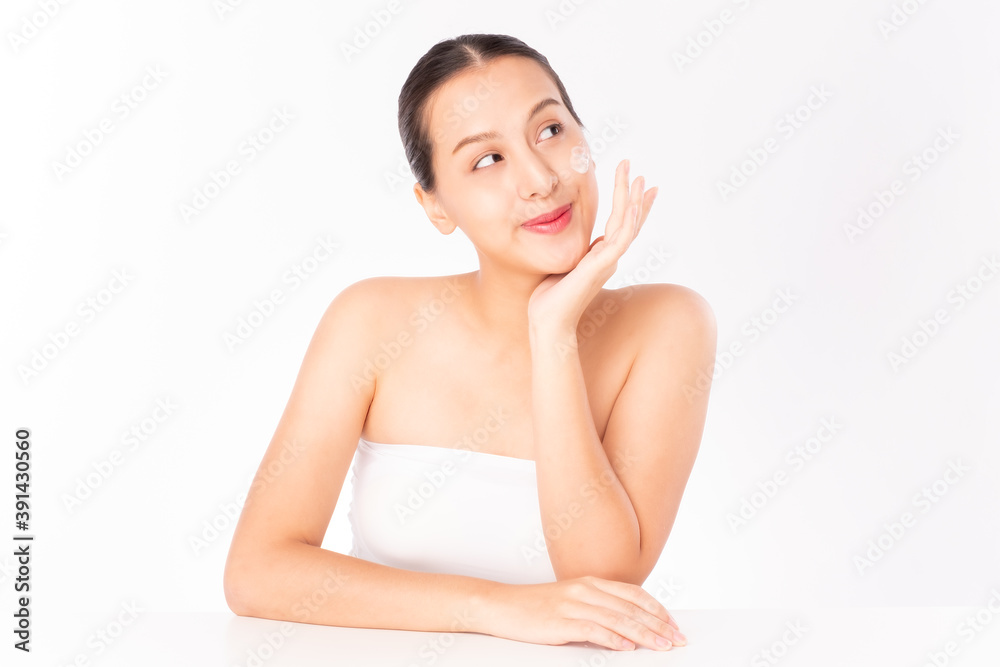 Young Asian beauty woman touching on beauty facial skin. Natural face care and skincare concept.