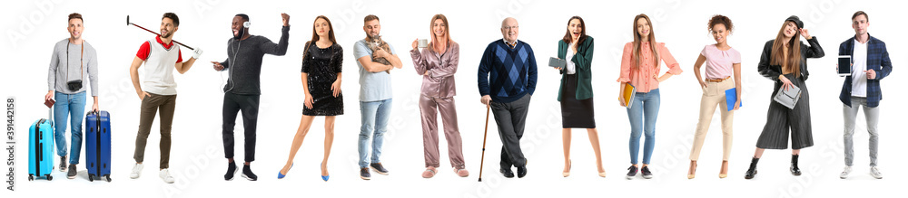 Collage with different people on white background