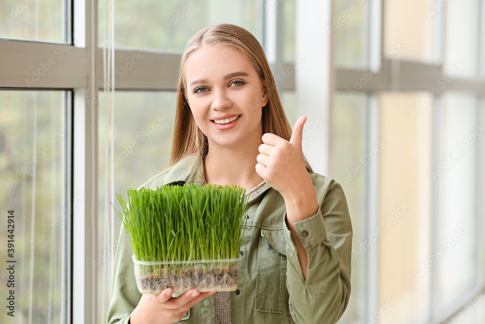 家里有麦草的年轻女人