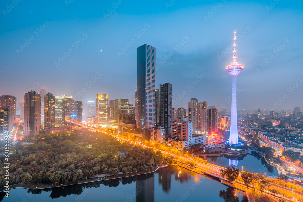 中国辽宁省沈阳市中央商务区高角度夜景