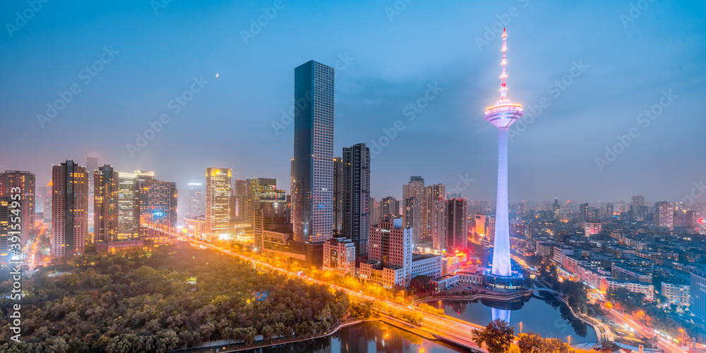 High angle night view of CBD in Shenyang, Liaoning, China