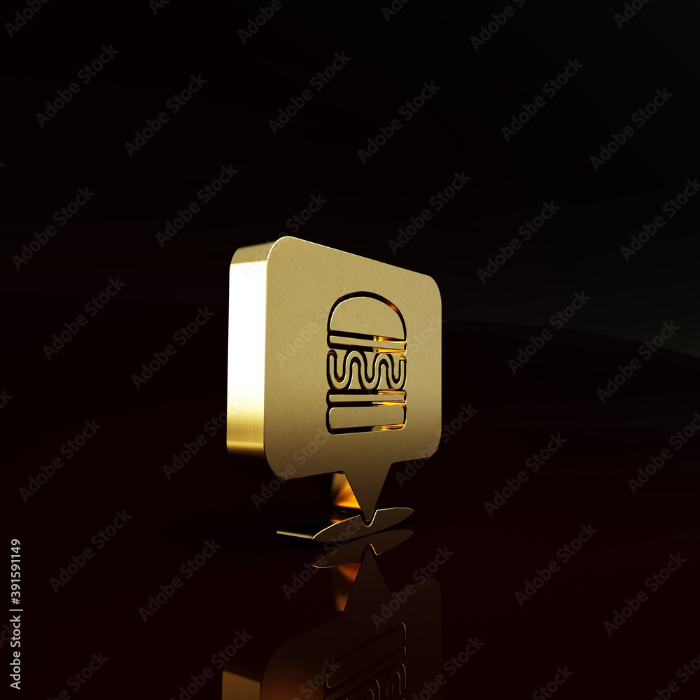 Gold Online ordering and burger delivery icon isolated on brown background. Minimalism concept. 3d i