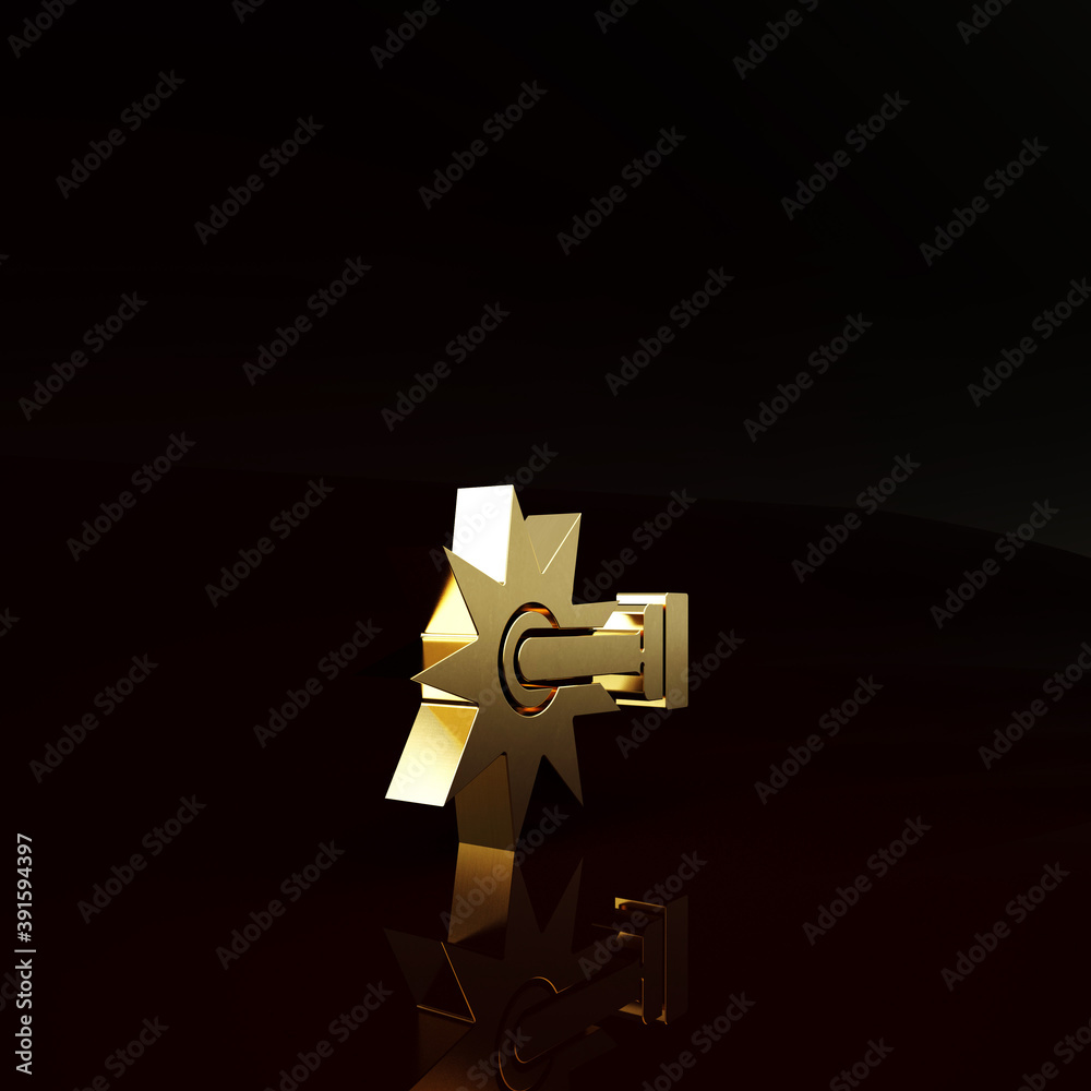 Gold Cowboy horse riding spur for boot icon isolated on brown background. Minimalism concept. 3d ill