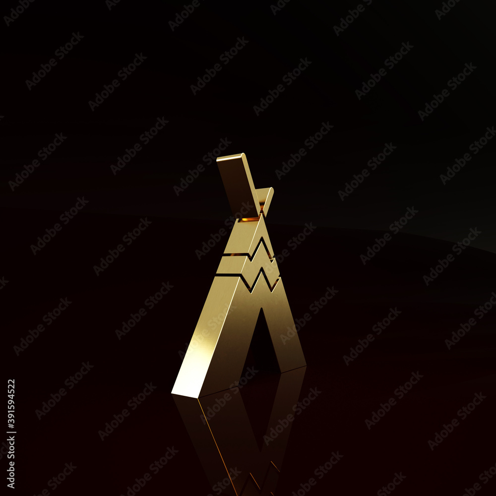 Gold Traditional indian teepee or wigwam icon isolated on brown background. Indian tent. Minimalism 