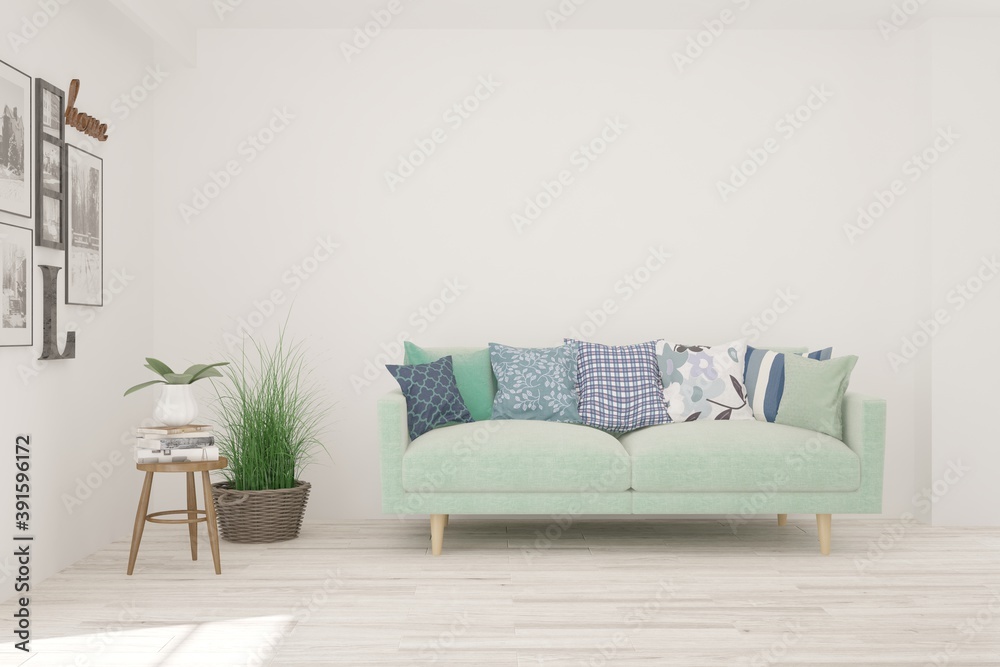 White living room with sofa. Scandinavian interior design. 3D illustration