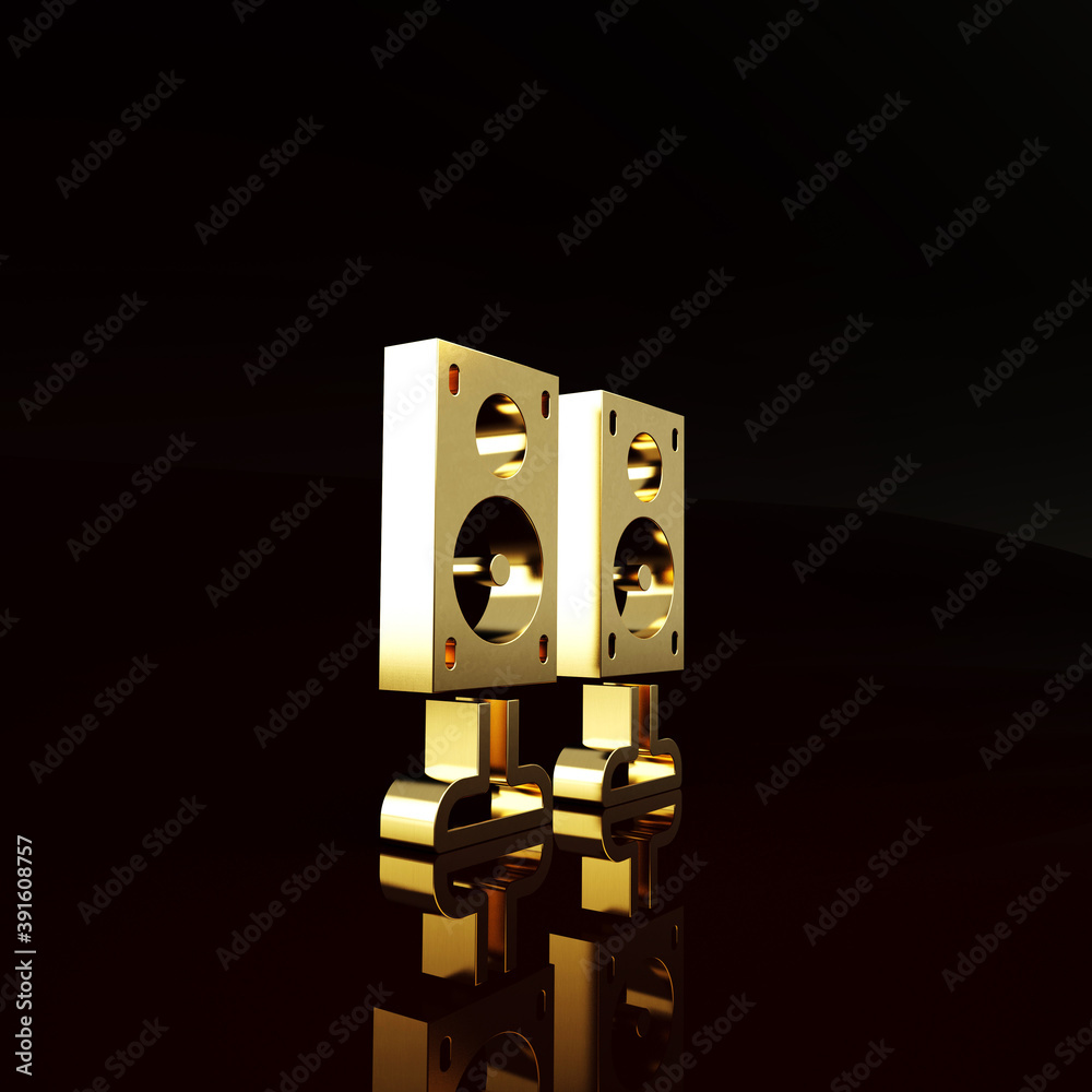 Gold Stereo speaker icon isolated on brown background. Sound system speakers. Music icon. Musical co