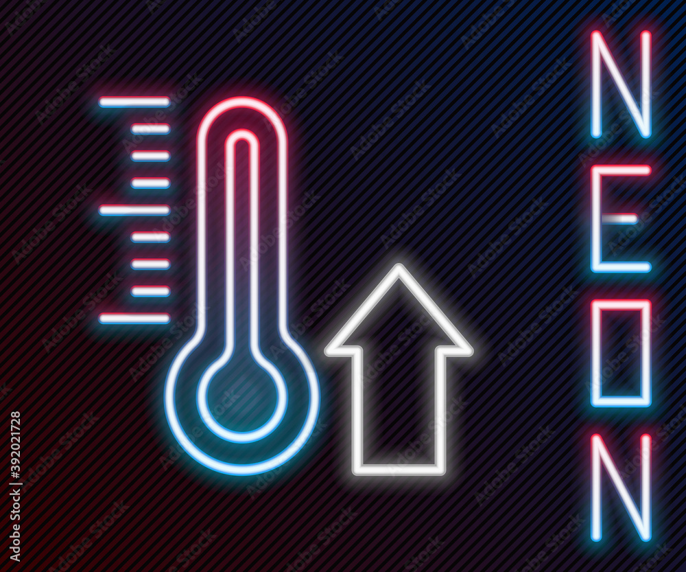 Glowing neon line Meteorology thermometer measuring icon isolated on black background. Thermometer e