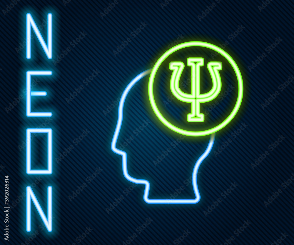 Glowing neon line Psychology icon isolated on black background. Psi symbol. Mental health concept, p