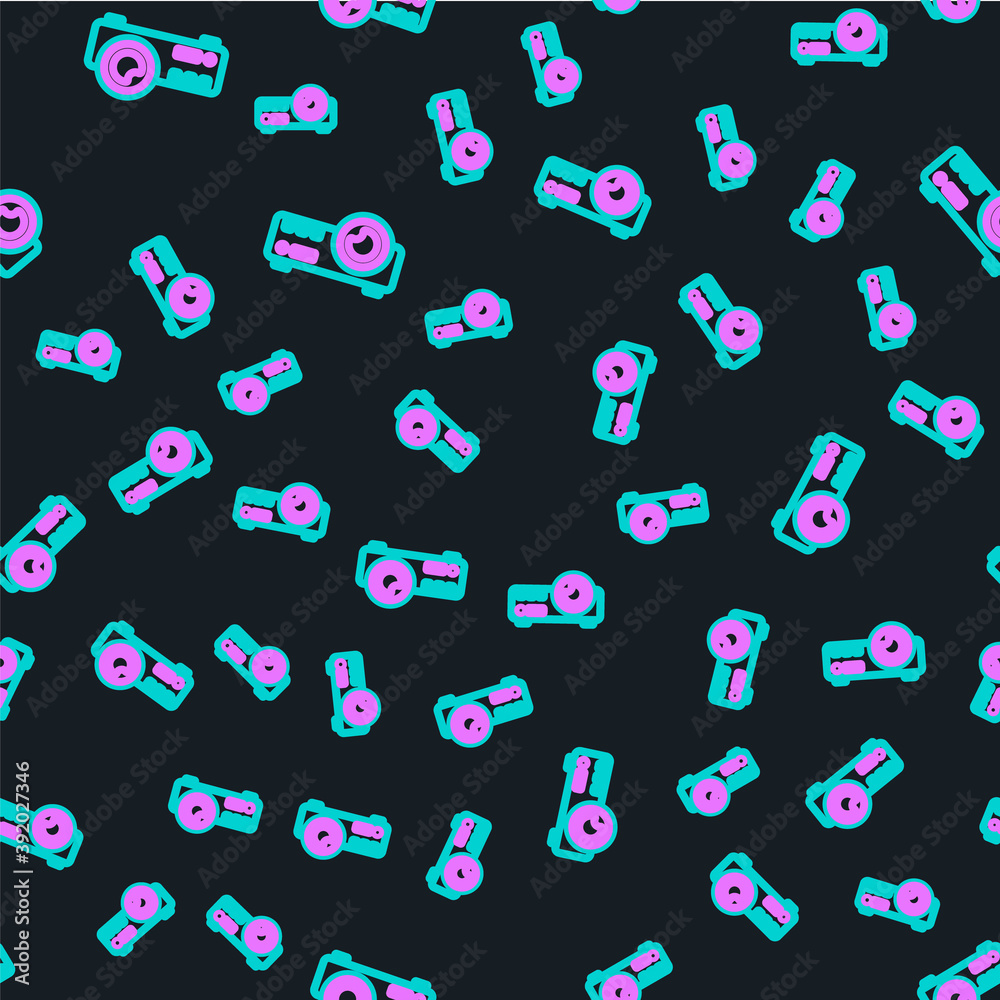 线条演示、电影、电影、媒体投影仪图标在黑色背景上隔离无缝图案。