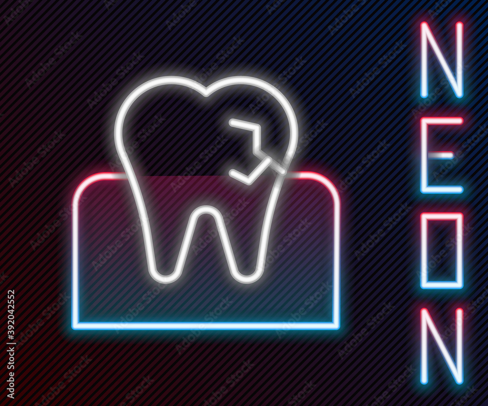 Glowing neon line Tooth with caries icon isolated on black background. Tooth decay. Colorful outline