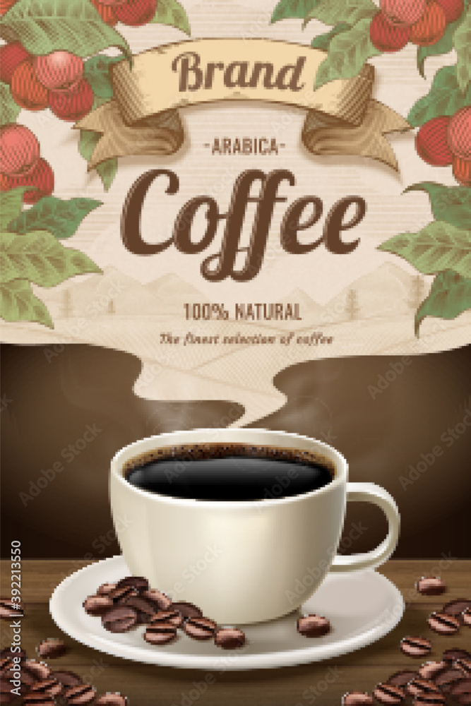 Engraving style black coffee ads