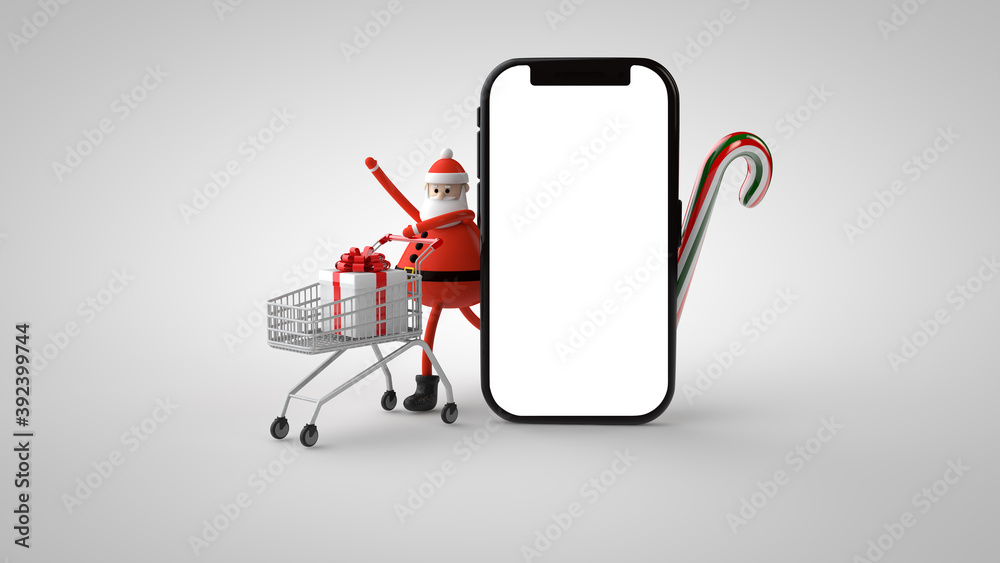 Santa Claus with a cart of gifts and mockup smartphone .3d illustration . isolated