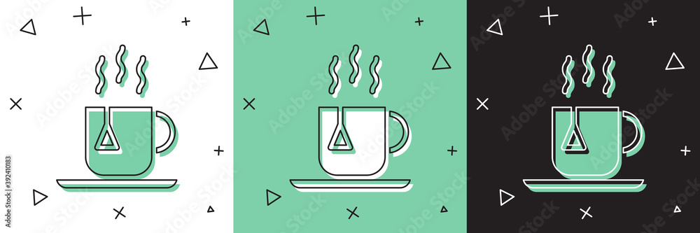 Set Cup of tea with tea bag icon isolated on white and green, black background. Vector Illustration.