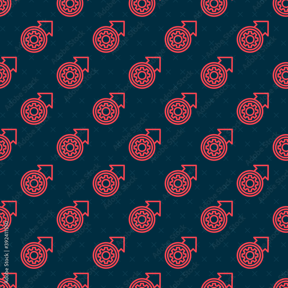 Red line Gear and arrows as workflow process concept icon isolated seamless pattern on black backgro