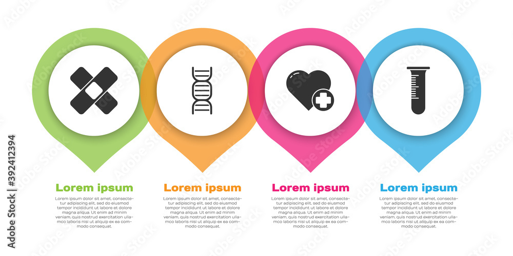 设置交叉绷带膏药，DNA符号，带十字架的心脏，试管和烧瓶。商业信息