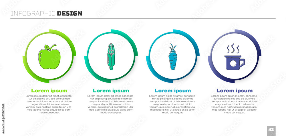 设置苹果、玉米、胡萝卜和茶杯。商业信息图形模板。矢量。