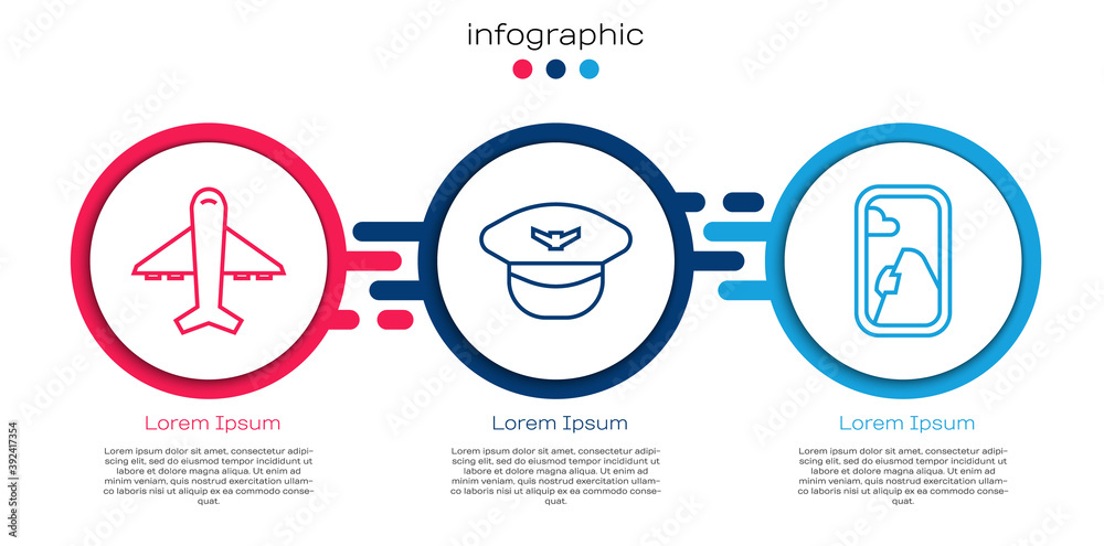 设置飞机、飞行员帽和飞机窗口。商业信息图模板。矢量。