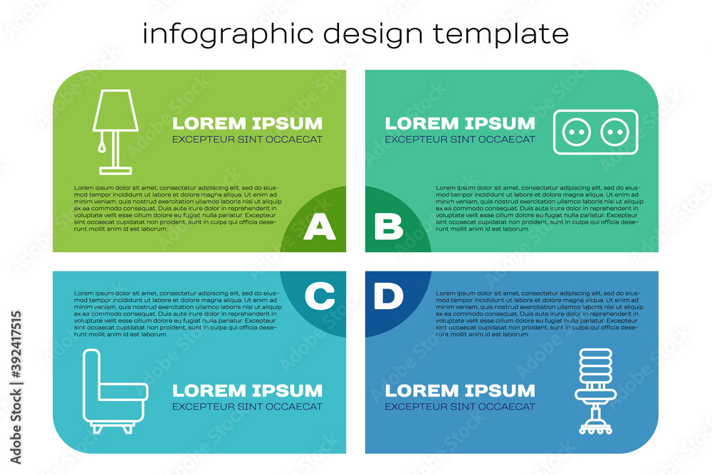 Set line Armchair, Table lamp, Office chair and Electrical outlet. Business infographic template. Ve