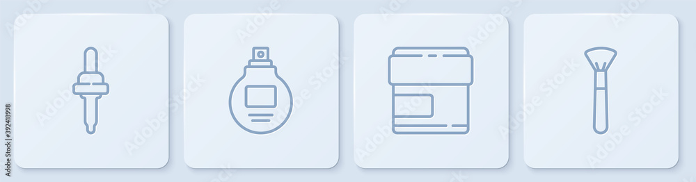 套装线吸液管、面霜或乳液化妆管、香水和化妆刷。白色方形按钮。面纱
