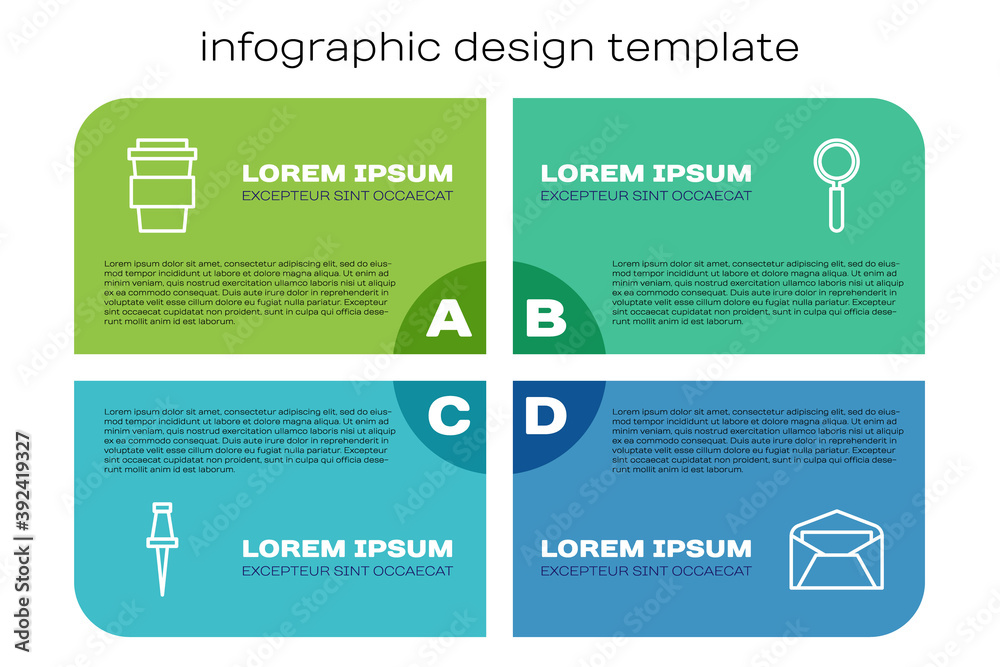 Set line Push pin, Coffee cup to go, Envelope and Magnifying glass. Business infographic template. V