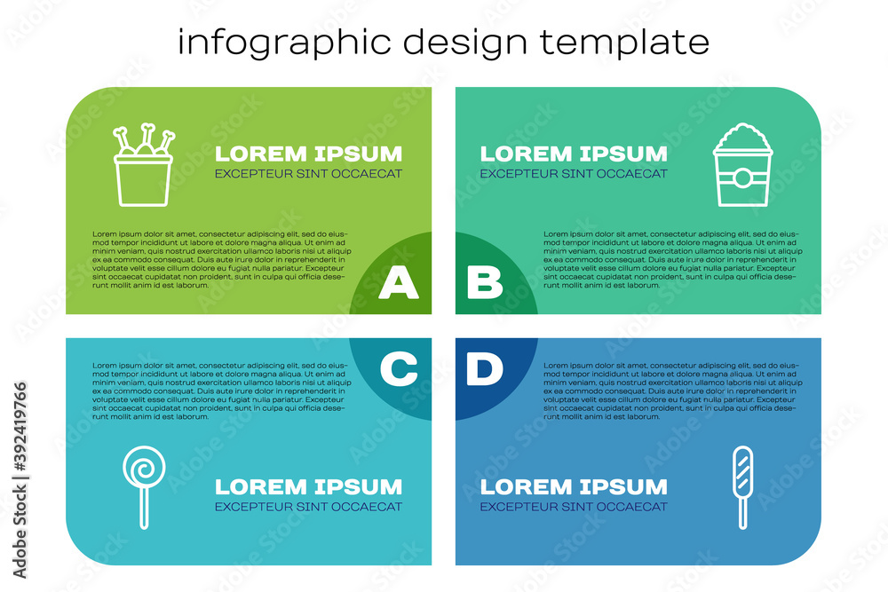 包装盒中的棒棒糖、鸡腿、玉米狗和爆米花。商业信息图模板。