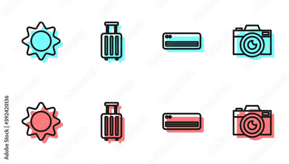 设置空调、太阳、手提箱和照相/摄像机图标。矢量。